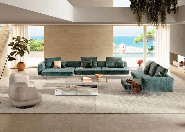 Contemporary Ventura style sofa with chaise lounge and luxury ocean view