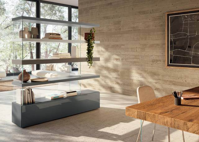 Minimalist home library with floating shelves, neutral furniture, and soft lighting.”