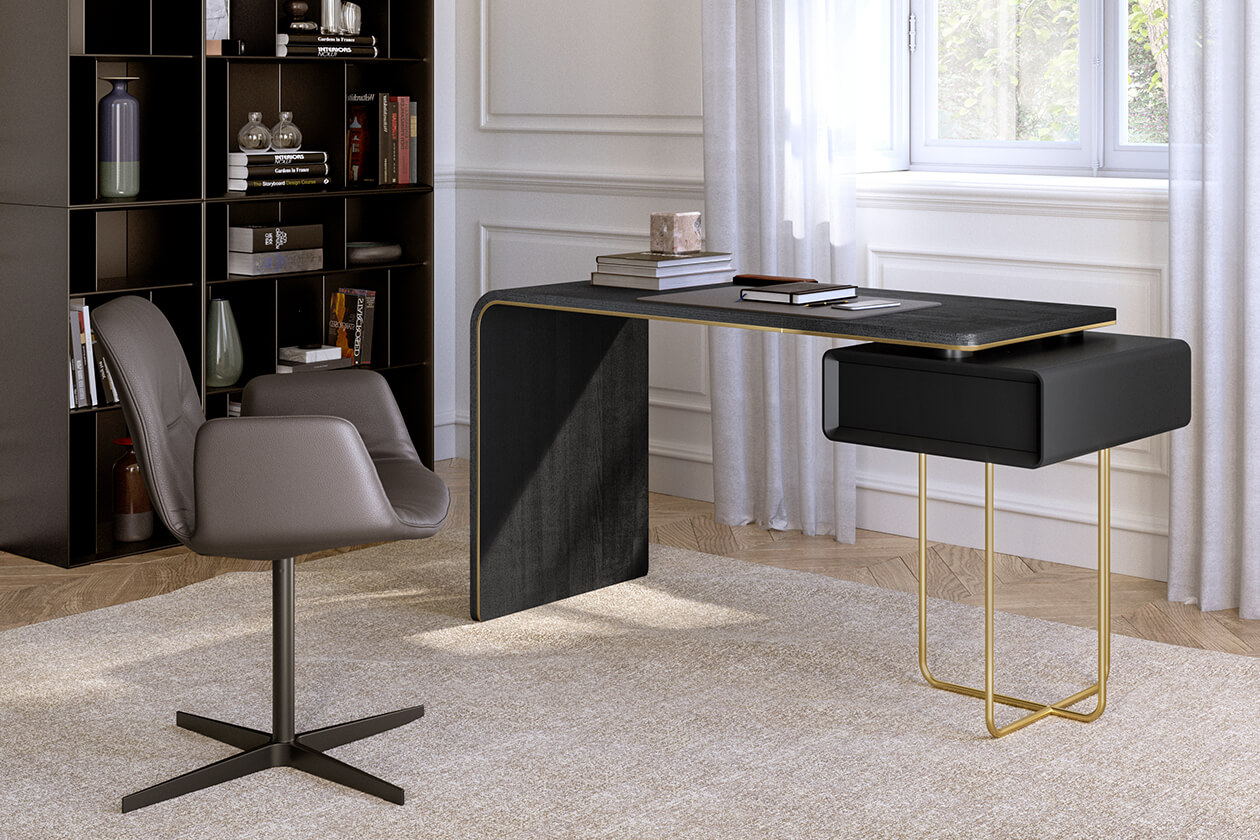 Modern study room furniture featuring a luxury black L-shaped desk with gold accents and ergonomic home office chair for Ventura Interiors.