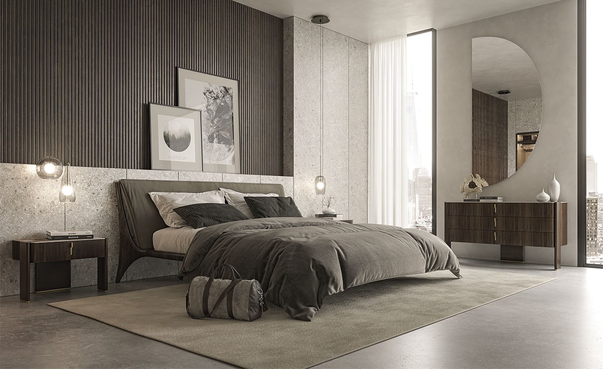 Modern bedroom featuring a neutral palette and design inspiration on how to style bedside tables with minimal decor and ambient lighting