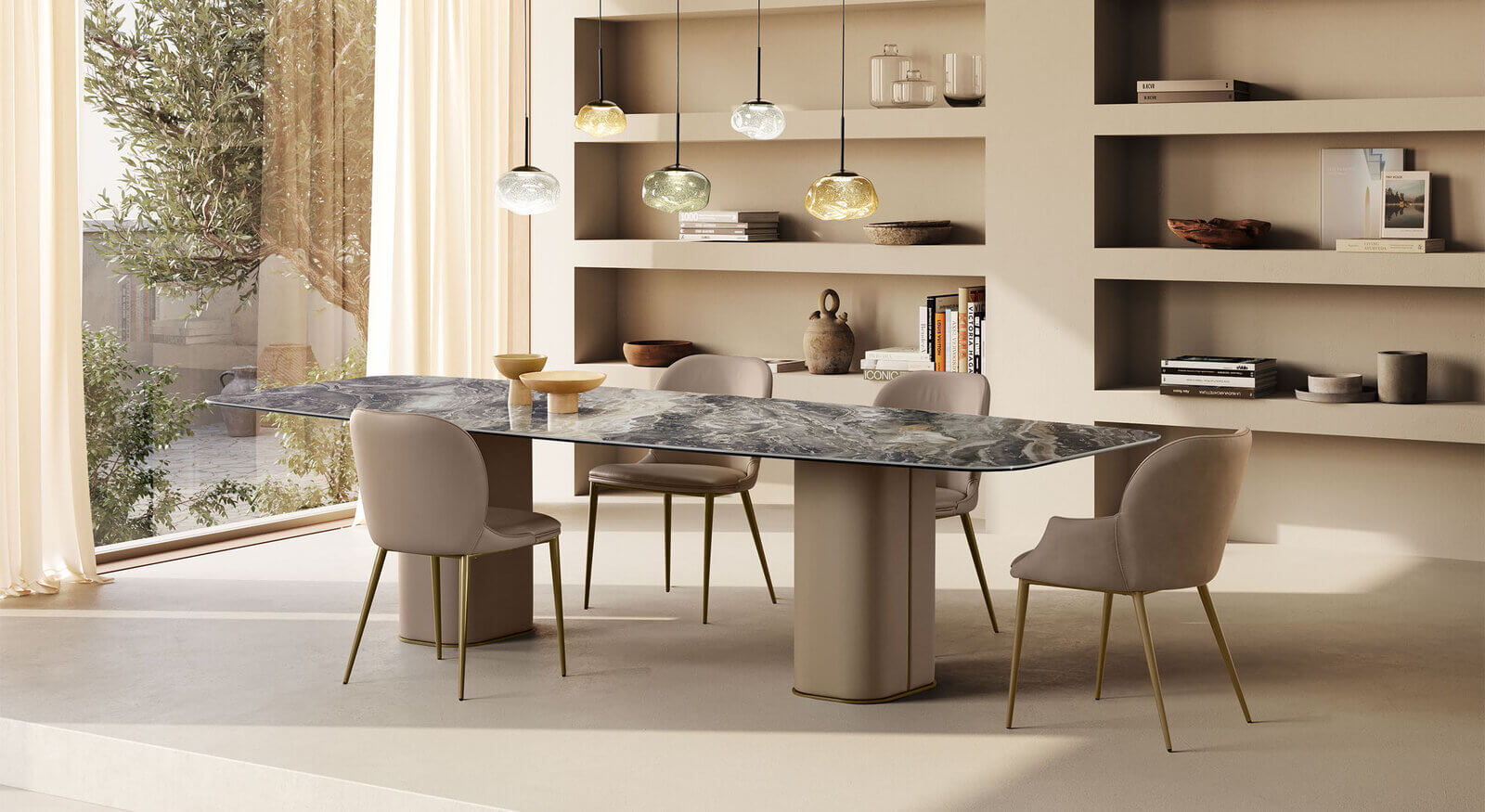 A luxurious dining room with an oval marble dining table and beige upholstered chairs, exemplifying a high-end dining table brand that elevates a home.