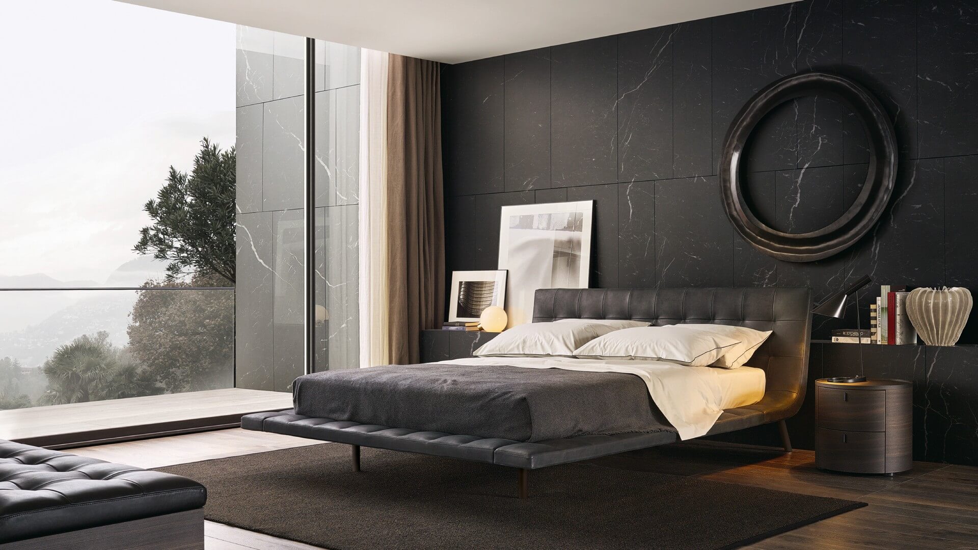 A stylish luxury bed with storage, with an elevated frame that suggests a hidden storage system, set against a modern black wall.