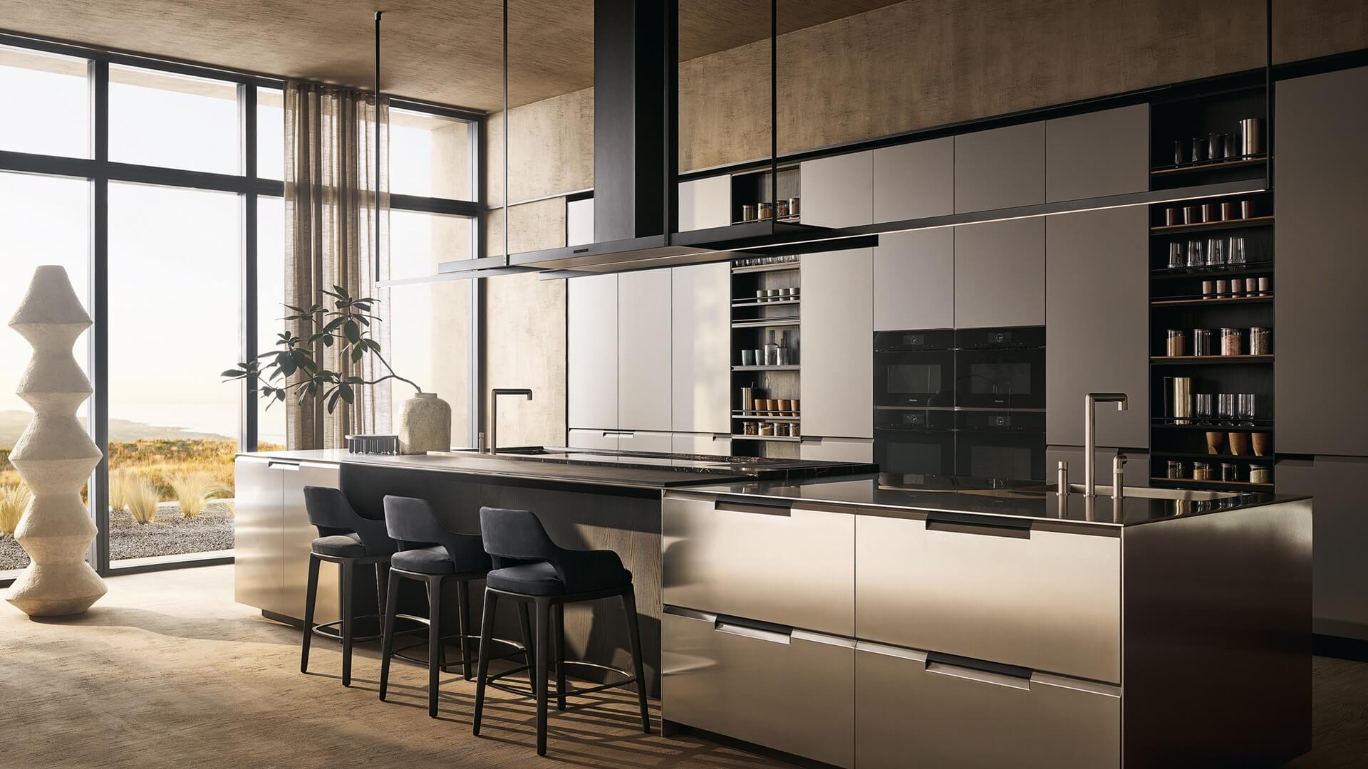 Modern modular kitchen with sleek storage cabinets, island counter seating, and integrated appliances in a contemporary home