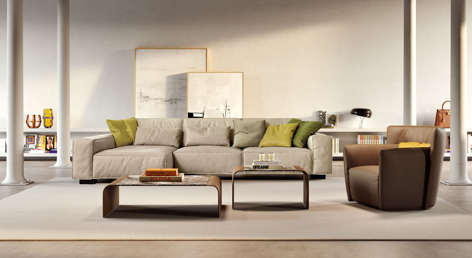 A modern living room with a sleek low back armchair in warm neutral tones.