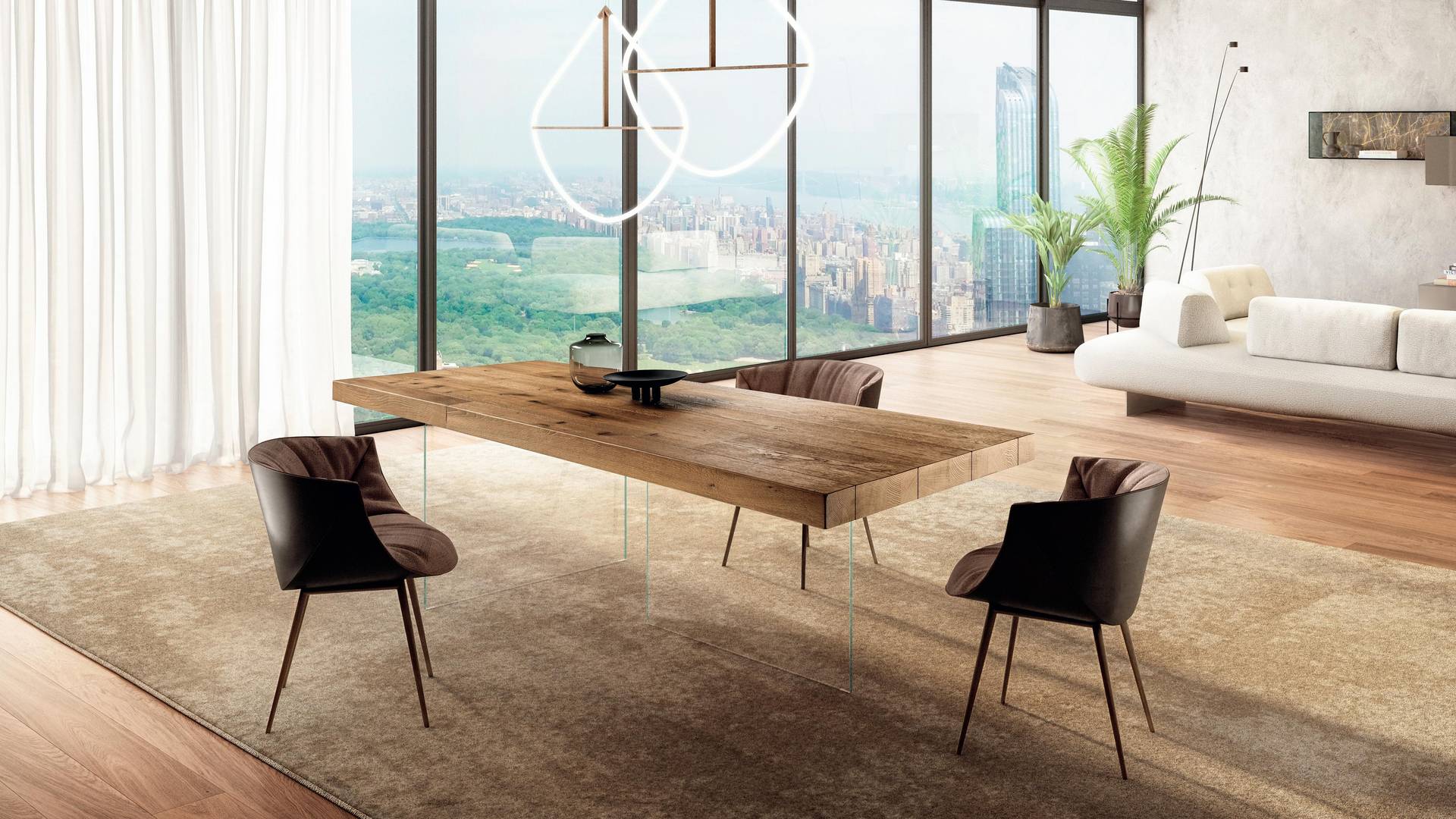 An elegant dining room with a wooden table, black chairs, and large windows with a cityscape view.