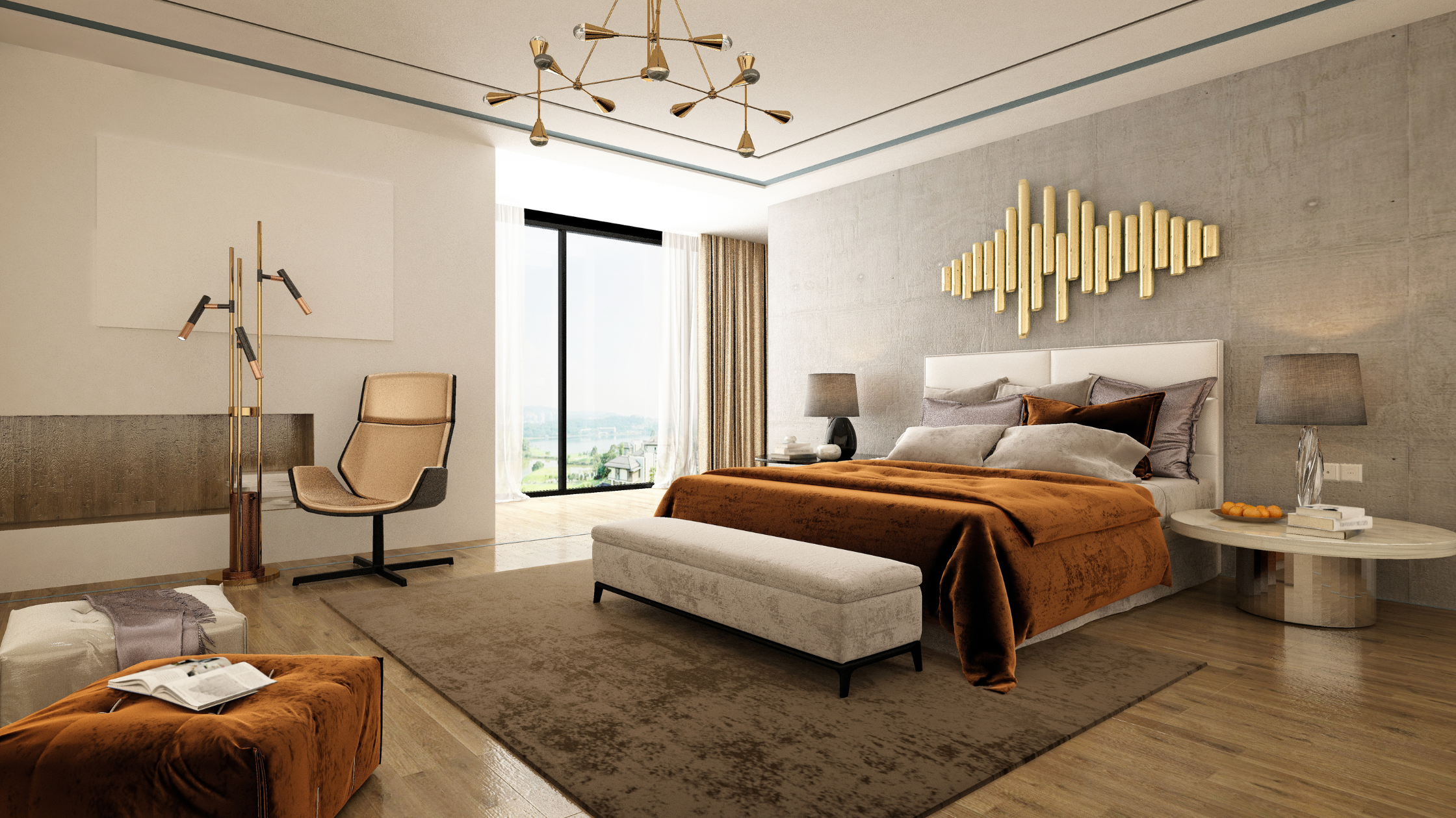 Luxurious modern bedroom with an Italian-style bed frame, elegant decor, and warm earthy tones.