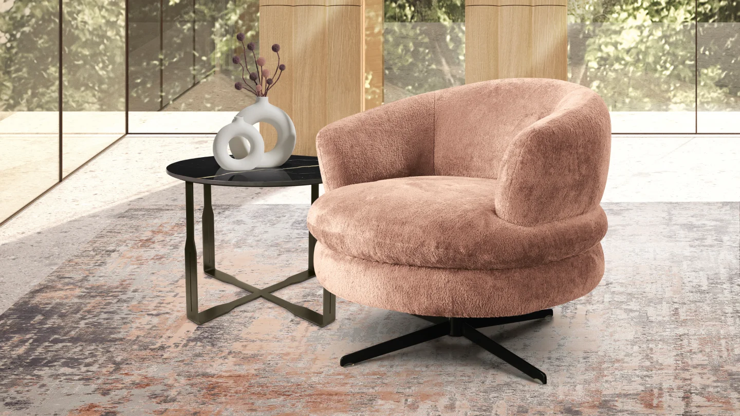 Modern Italian armchair with plush upholstery paired with a sleek side table in a contemporary living space