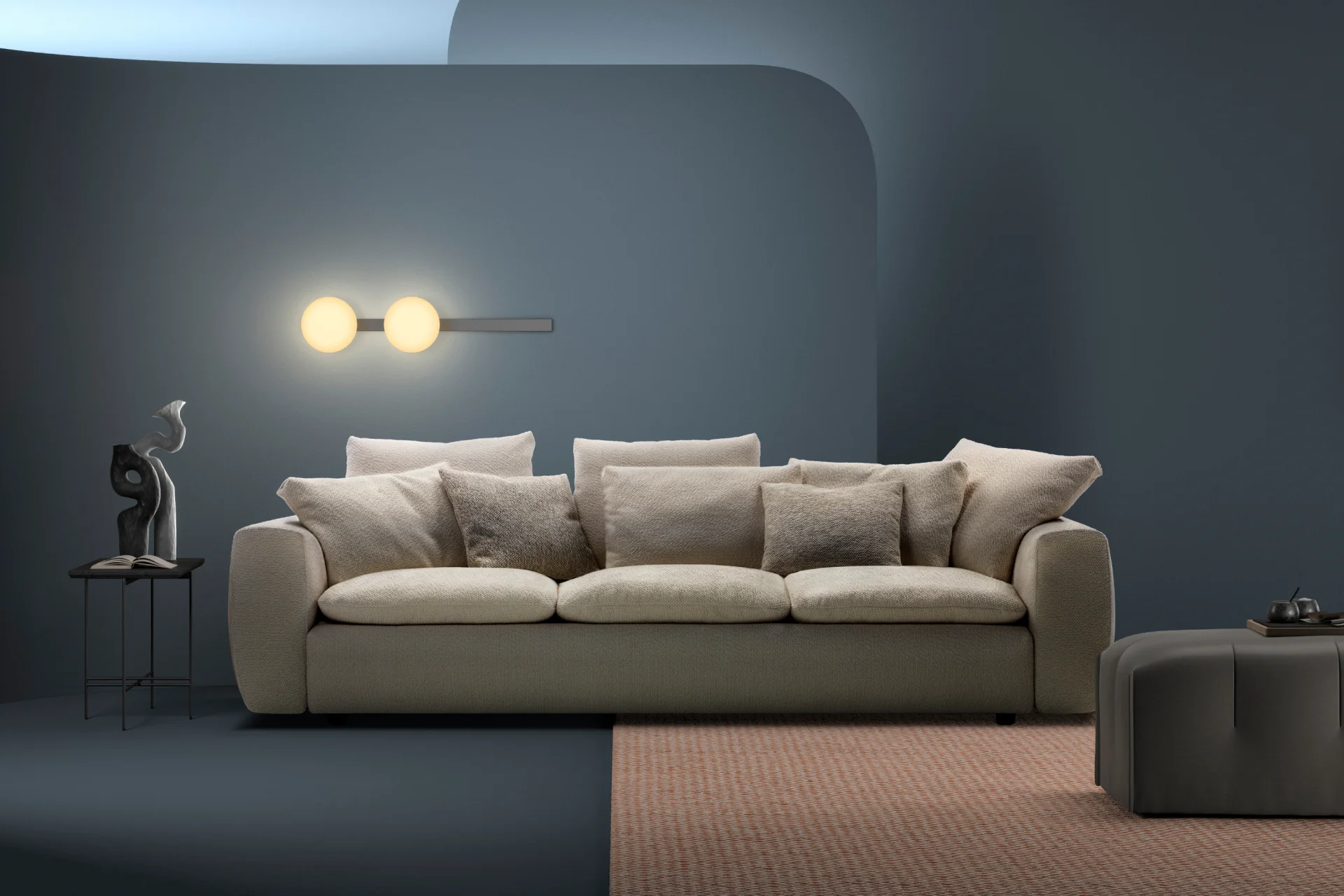 Premium beige sofa in a modern minimal living room with soft lighting and elegant decor