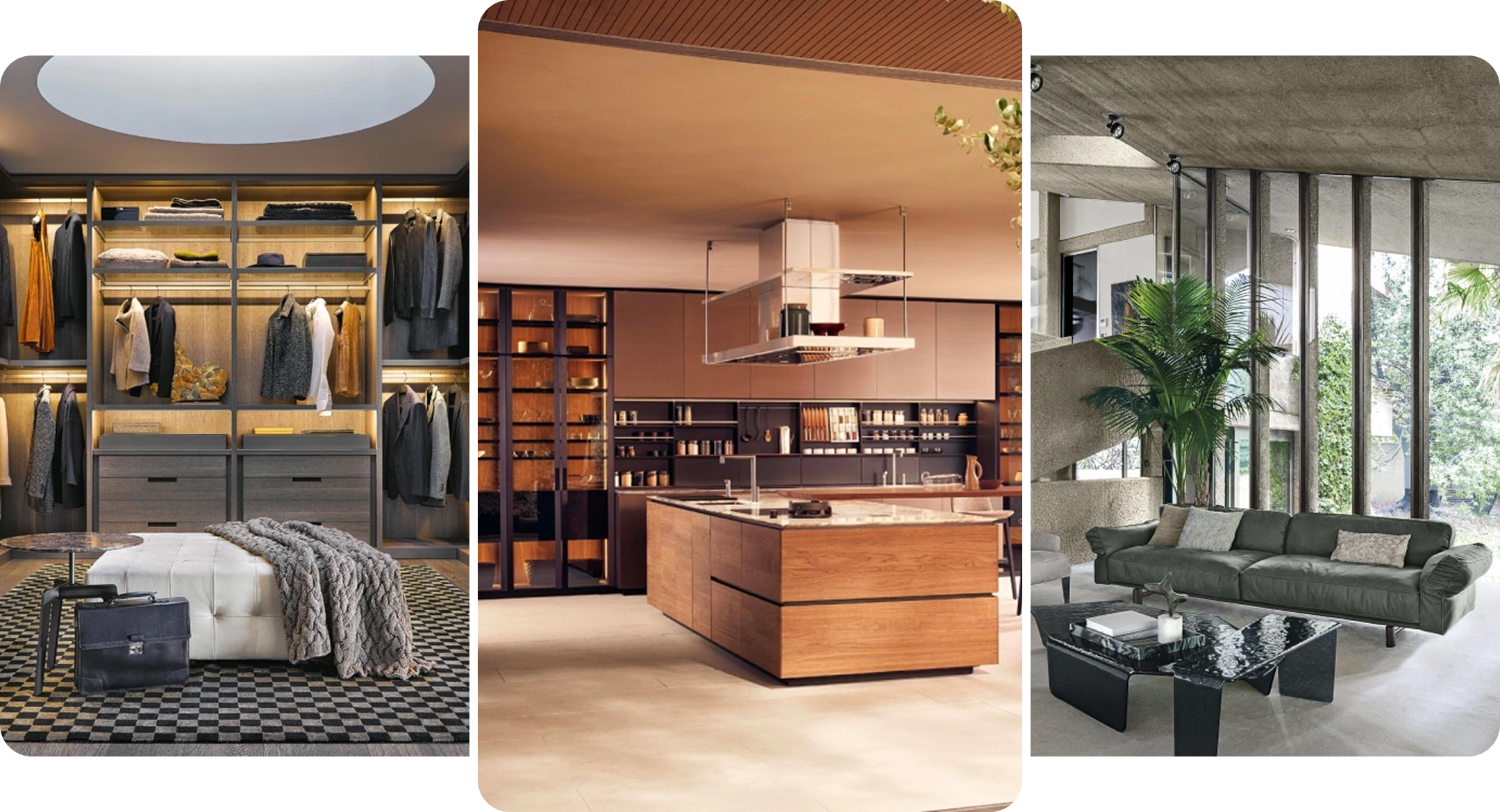 Premium interior collage featuring a walk-in wardrobe, contemporary kitchen, and elegant living area.