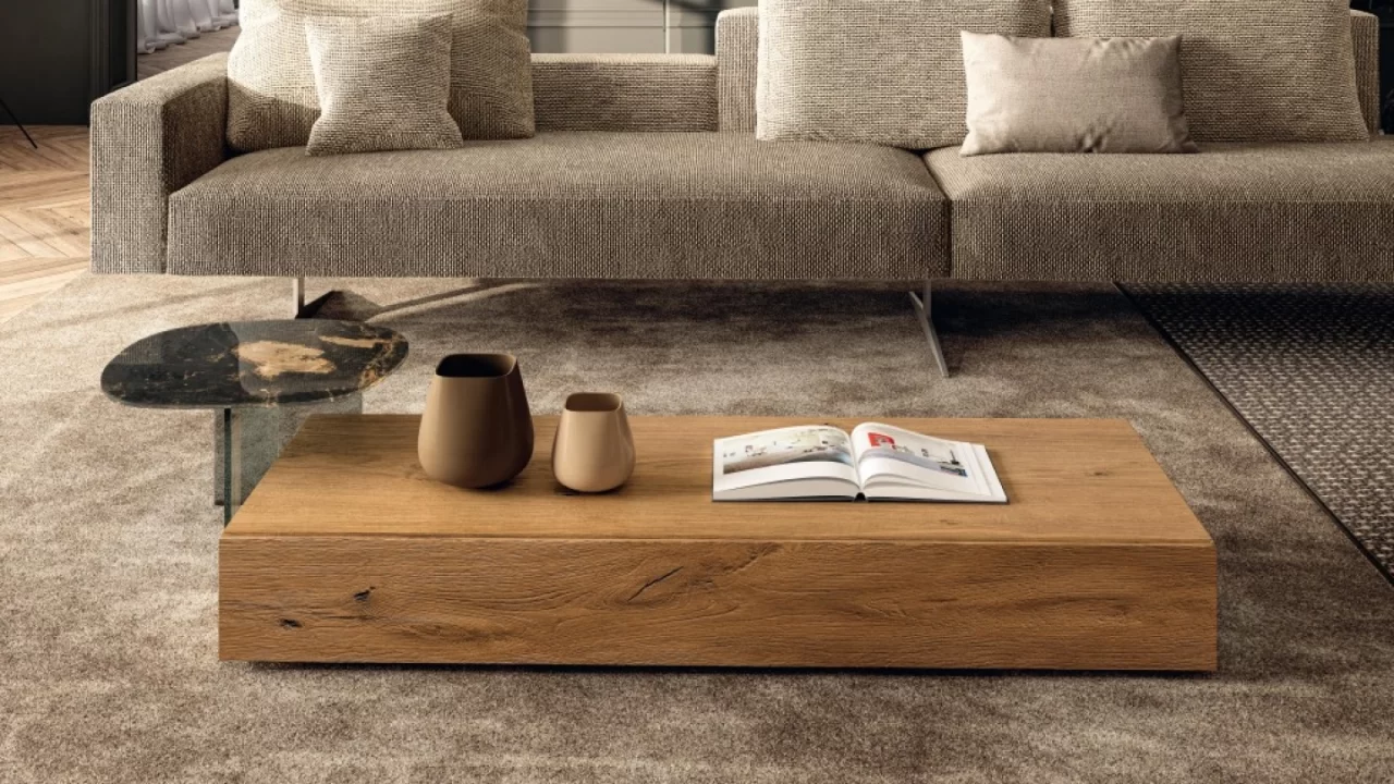 Sleek coffee table with storage in a modern living room interior.
