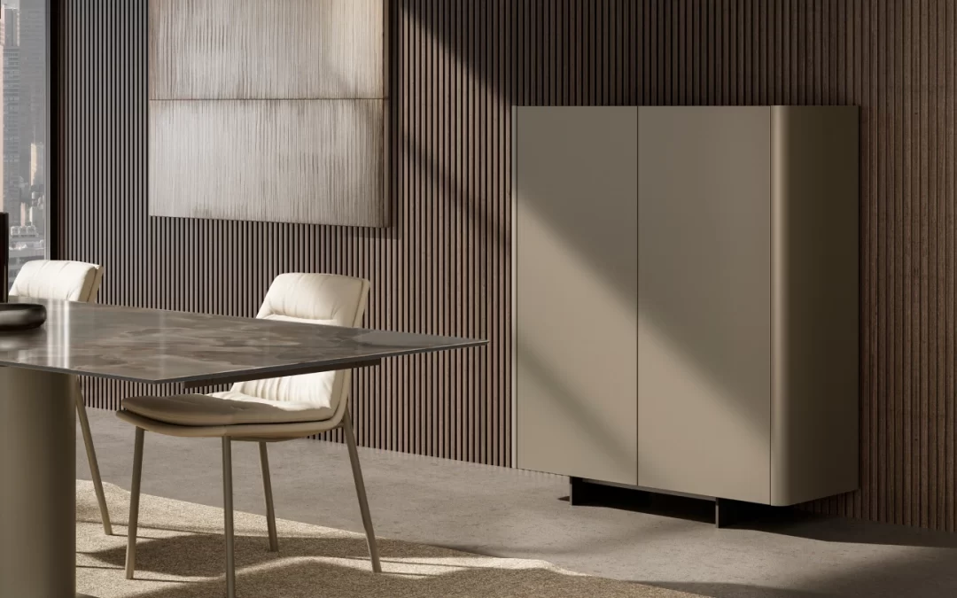 Elegant dining room sideboard styled with decor in a modern dining space.