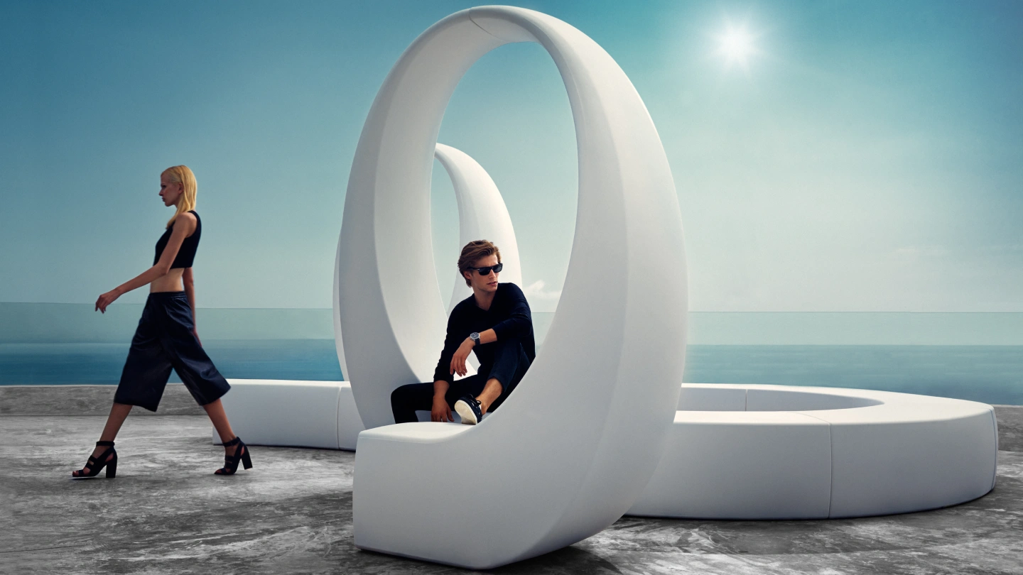 Modern sculptural white outdoor seating from the Vondom 'And' collection, featuring a large circular loop design on a luxury rooftop patio overlooking the ocean. High-end modern balcony furniture ideas by Ventura Interiors.