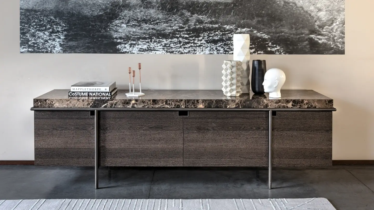 Luxury side table design featuring a dark wood cabinet base with a premium brown marble top and modern metallic legs.