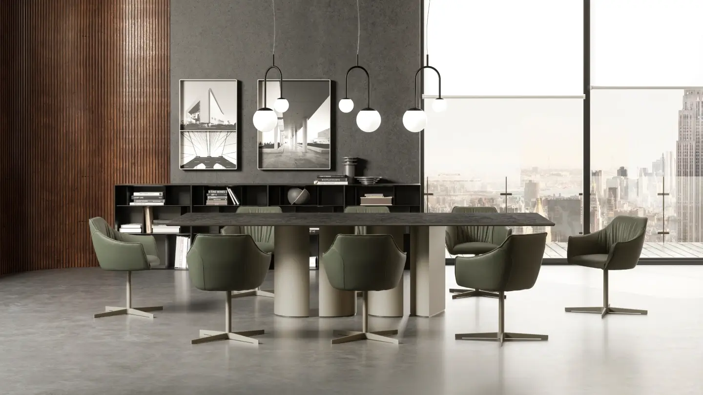 Luxury modern dining area by Ventura Interiors, featuring olive green upholstered, ergonomic dining chairs and a dark minimalist dining table with panoramic city views